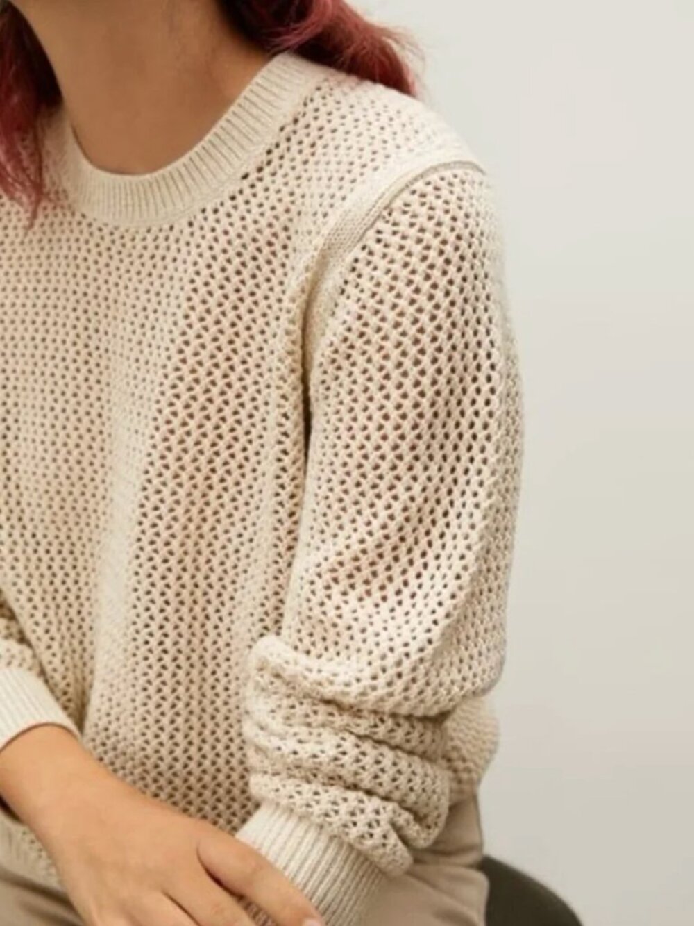 Everlane Open Knit Crochet Sweater Size M Beige Crewneck Long Sleeve Cotton Sz M - Picture 3 of 11